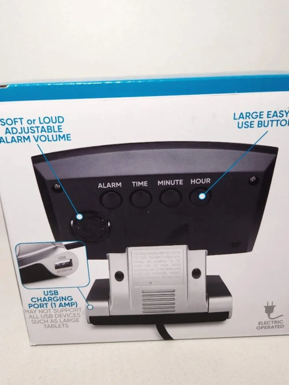 Digital Desk Table Alarm Clock with USB Charging Port Black Silver LED Large 0.9